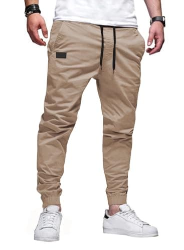 JMIERR Men's Casual Joggers Pants - Cotton Drawstring Chinos Cargo Pants Hiking Outdoor Twill Track Jogging Sweatpants Travel Essentials Jogger Pants with Pockets for Men Slim Fit, S, A Khaki