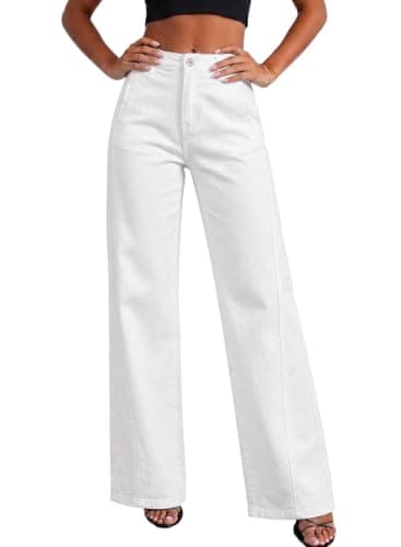 EVALESS Jeans for Women Wide Leg High Waisted Stretchy Pants,White,Size 8