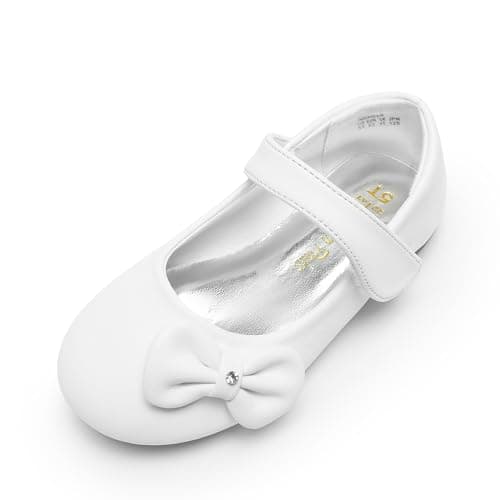 DREAM PAIRS Toddler Girls Dress Shoes Mary Jane Flats, Girls School Uniform Flats Bow Ballerina Shoes,Size 5 Toddler,White-Pu,Angel-5