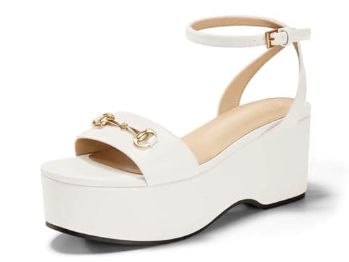 Junayuan Womens Platform Sandals Chunky Wedges Heels Open Toe Ankle Strap Summer Dress Shoes with Metal Buckle, White, Size 10