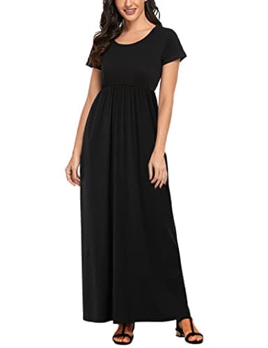 Lacavocor Womens Short Sleeve Maxi Dresses Empire Waist Long Dress, XX-Large, Solid Color Black