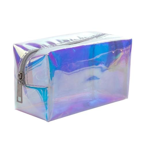 SuoSycorax Rainbow Holographic Makeup Bag TPU Clear Cosmetic Pouch Water-Resistant Rectangular Toiletry Zipper Bag for Women, Travel, Beach