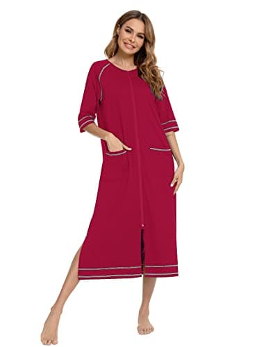 Veseacky Best Mothers Day Gift Elegant Rose Zipper Robe 3/4 Sleeve Loose Fit Cotton Blend Housecoat