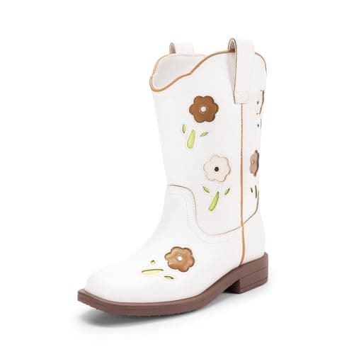 DREAM PAIRS Girls Cowboy Cowgirl Boots Floral Embroidered Western Square Toe Mid Calf Toddler Little Big Kid for Birthday Party Concert,Size 10 Toddler,White,KKUMMB2503