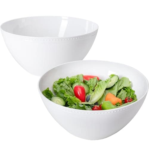 Large Salad Bowls Set of 2, Beaded Serving Bowl Set, 11" White Melamine Bowl for Soup, Salad, Fruit and Pasta, Unbreakable Chip/Popcorn Bowl, Deep Bowls for Party Table for Kitchen and Party Wedding