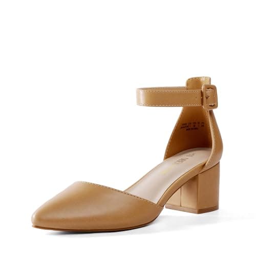 DREAM PAIRS ANNEE Pointed Toe Low Chunky Heels Pump Shoes,Size 5.5,Nude/Pu,ANNEE