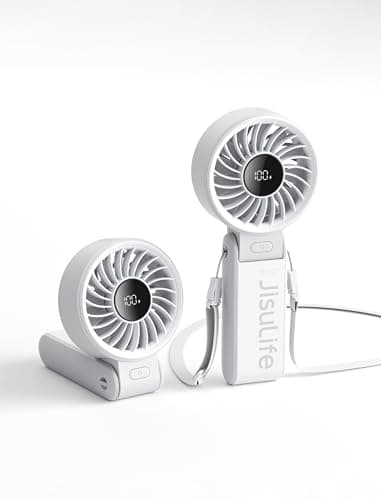 JISULIFE Handheld Fan Life7 – Ultimate Flexibility: Wide & Strong Airflow, 13H Max Cooling, 3600mAh Rechargeable, 5-Speed, LED Display, 3 IN 1 Portable Fan for Travel, Concerts, Sports Events(Grey)