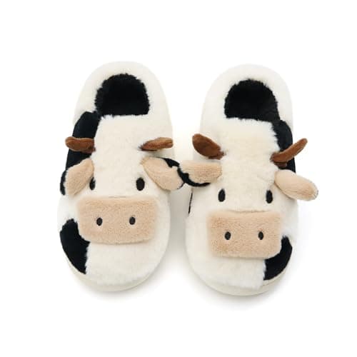 Boonble Fuzzy Cow Slippers for Women Men Adults, Fluffy Plush and Cozy House Shoes for Indoor Outdoor Bedroom, Winter Warm Furry Cotton Slipper Wrap Heel 4.5-5.5
