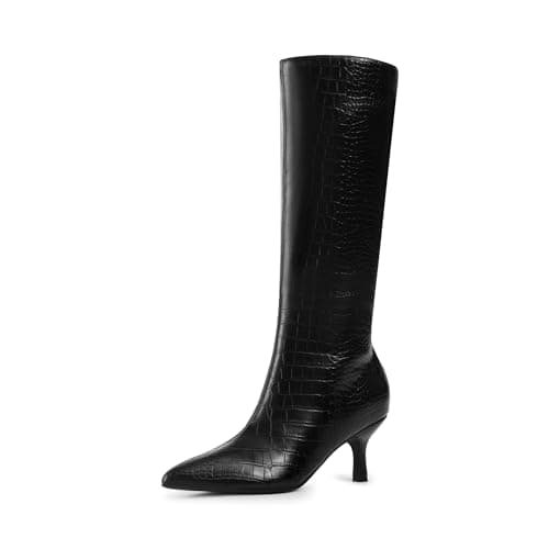 DREAM PAIRS Women's Knee High Kitten Heel Boots Sexy Pointed Toe Fashion Long Tall Boots,Size 7,Black-Croco,DWUMKB2507
