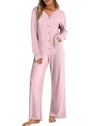 ANRABESS Women's 2 Piece Lounge Pajama Sets Ribbed Long Sleeve Button Top Matching Pants Sleepwear PJ Set 2026 Fall Outfits
