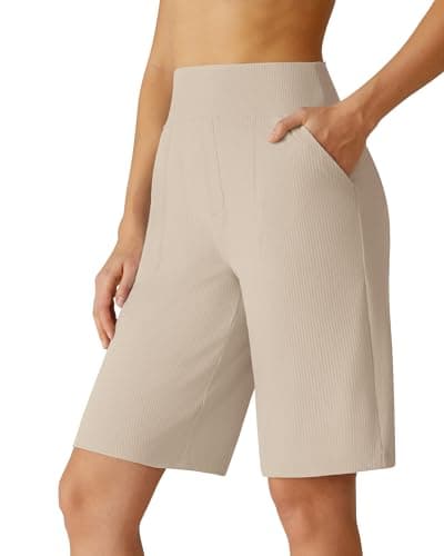 G4Free Women's Workout Bermuda Shorts 10'' Knee Length High Waisted Wide Leg with Front Seam Detail for Office Yoga (Light Khaki,XL)