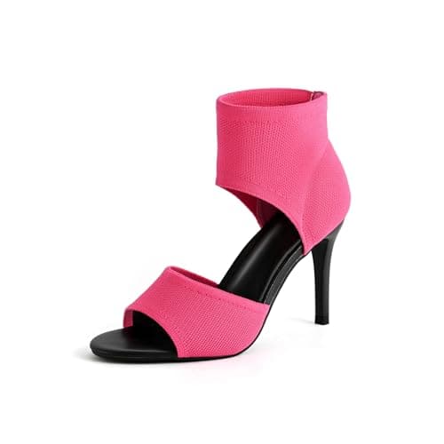 SICARE Peep Toe Heels for Women Sexy 3 Inches Stiletto Heeled Sandals for Women Open Toe Wide Stretchy Knit Heel Sandal Booties Slip On Comfortable Dressy Shoes for Prom, Party and Work Hot Pink 6