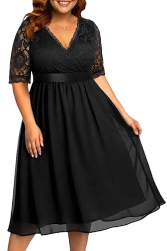 Pinup Fashion Black Cocktail Dress Plus Size Women Lace Top Chiffon Wedding Guest Dresses Semi-Formal Party Evening Wrap V Neck Dress