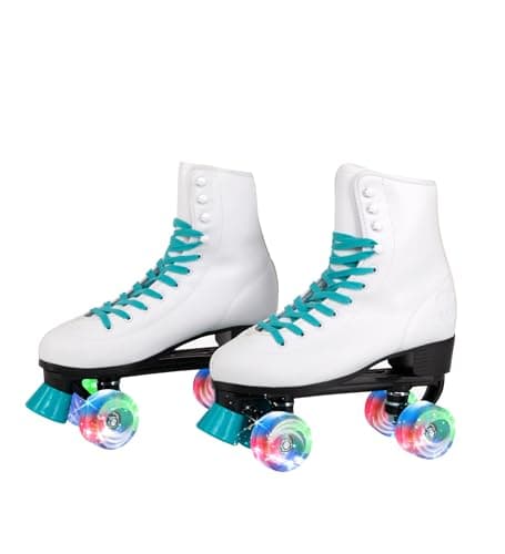 C SEVEN C7skates Quad Roller Skates | Retro Design (Teal w LED, Women's 5 / Youth 4)
