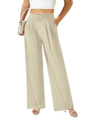 keriffe Womens Wide Leg Work Pants Waffle Knit High Waisted Button Down Casual Dress Palazzo Trousers Pockets Khaki