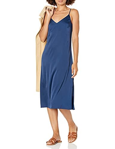 The Drop Women's Ana Silky V-Neck Midi Slip Dress, Navy, XXS