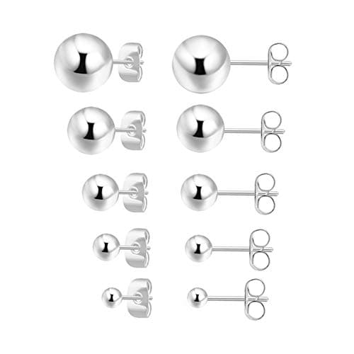Small Silver Stud Earrings for Women: Hypoallergenic Sterling Silver Round Ball Stud Earrings for Multiple Piercing 5 Pairs Cute Earrings Set 2mm 3mm 4mm 5mm 6mm