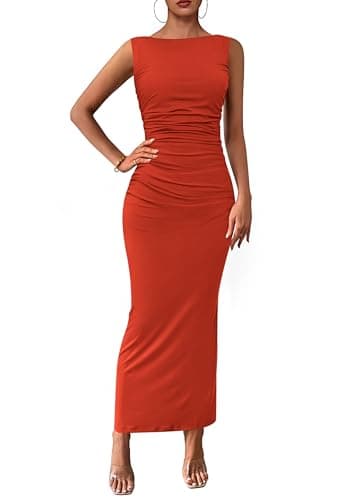 PRETTYGARDEN Women's 2026 Summer Semi Formal Midi Dresses Sleeveless Ruched Bodycon Long Elegant Cocktail Wedding Guest Dress (Brick Red,XX-Large)