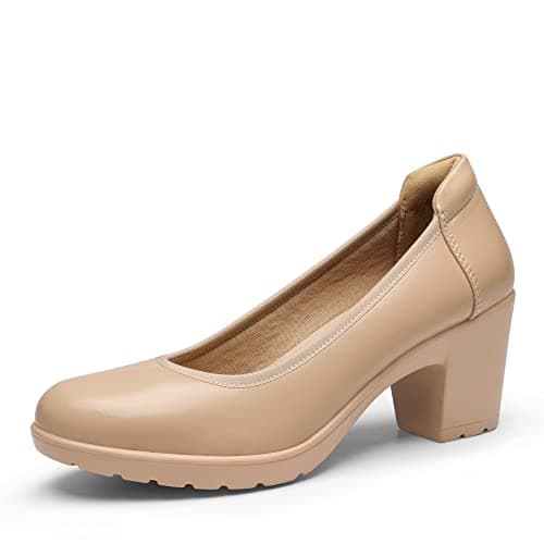 DREAM PAIRS Women's Chunky Closed Toe Low Block Heels Work Pumps Comfortable Round Toe Dress Wedding Shoes Nereida,Size 5,Nude,SDPU2230W