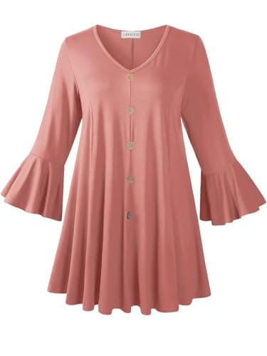 LARACE Womens 3/4 Flare Sleeve Plus Size Tunic Fall Shirt(Coral, 3X)
