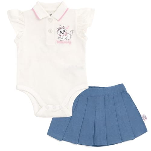 Disney Classics The Aristocats Newborn Baby Girls Bodysuit & Chambray Pleated Skirt Outfit Set White/Blue Marie Newborn