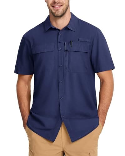 MAGCOMSEN Cooling Shirts for Men Sun Protection Button Down Fishing Shirts Short Sleeve Outdoor Work Shirts Hot Weather Navy M