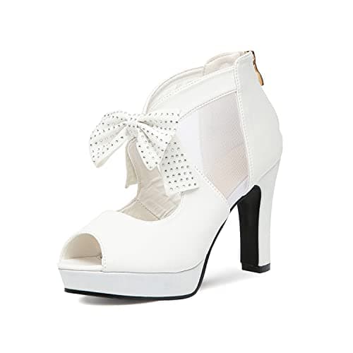 GATUXUS Open Toe Women Platform Chunky High Heel Shoes Diamond Bows Strappy Sandals (US 7.5, Diamond White)
