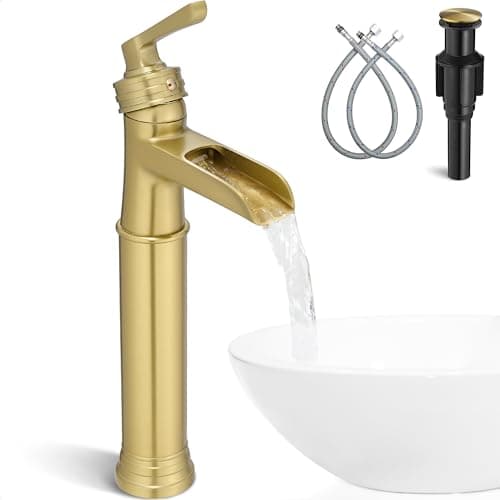 HEYMYTAP Brushed Gold Vessel Sink Faucet, Brass Tall Bathroom Faucet