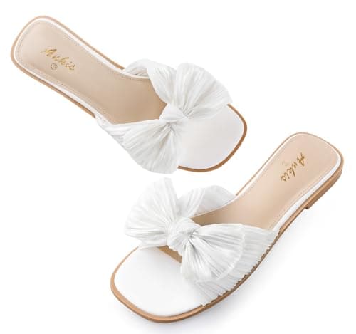 Ankis Women's Pleated Bow Flat Sandals, Square Open Toe Dressy Slides