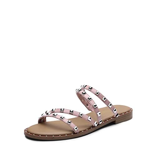 DREAM PAIRS Women's Clear Studded Rhinestone Slide Sandals Slip on Open Toe Cute Flat Sandals for Summer,Size 5,Pink-PU-Rivet,SDSS2213W