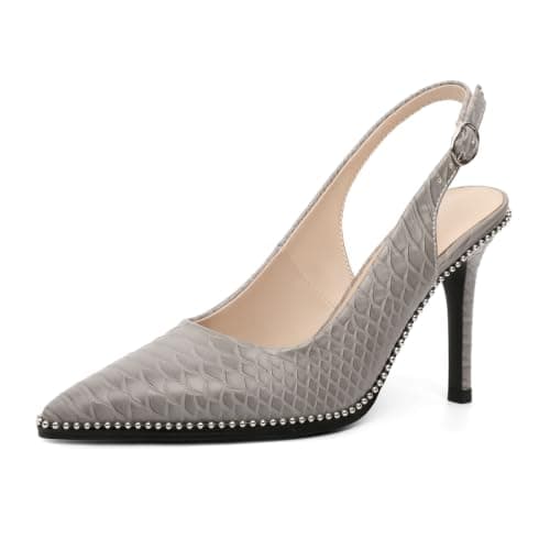 Zamikoo Women Slingback Pumps Pointed Toe Slip On High Heel Stilettos 9cm Ankle Strap Buckle Trendy Sliver Beads Classic Dress Shoes for Event Party Snake Grey US Size 8