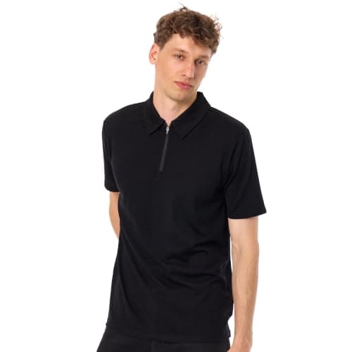 100% Merino Wool Polo Shirt Men - Quarter Zip Long and Short Sleeve (Large, Black)