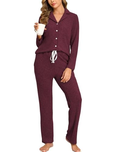Veseacky Soft Brushed Jersey Pajamas Set Long Sleeve Warm Winter Sleepwear Nightwear Knit Soft Long Pjs Set （Wine Red ，L）