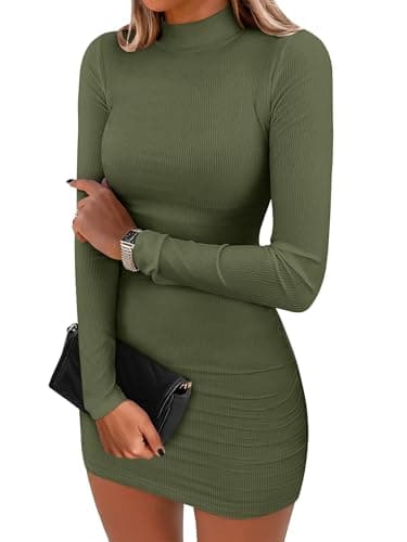 ANRABESS Women Long Sleeve Mock Neck Bodycon Mini Dress 2026 Fall Ribbed Slim Fit Pencil Cocktail Club Night Dresses Army Green Medium