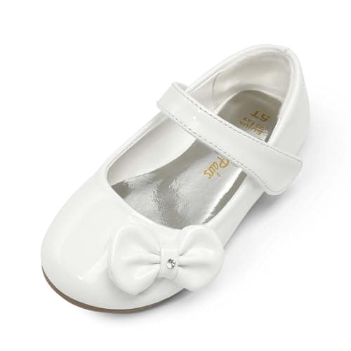 DREAM PAIRS Toddler Girls Dress Shoes Mary Jane Flats, Girls School Uniform Flats Bow Ballerina Shoes,Size 6 Toddler,White/Pat,Angel-5