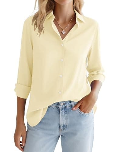 LOMON Button Down Shirt for Women Spring Summer Tops Long Sleeve V Neck Collared Work Office Business Blouses (Apricot, XL)
