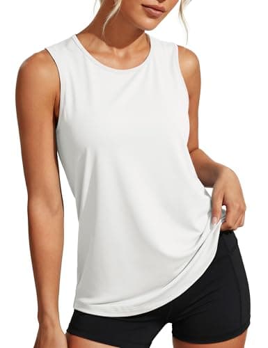MAGCOMSEN Women's Workout Tank Tops Sleeveless Shirts Crew Neck Fitness Shirt Sun Protection Pilates Exercise White, M
