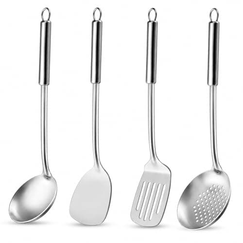 𝟒𝟕% 𝐎𝐅𝐅 Pleafind Cooking Utensils Set - 4 Pcs Stainless Steel Kitchen Utensils Set with Solid Turner, Slotted Turner, Serving Ladle, Slotted Spoon, Wok Utensils Set with Heat Resistant Handle