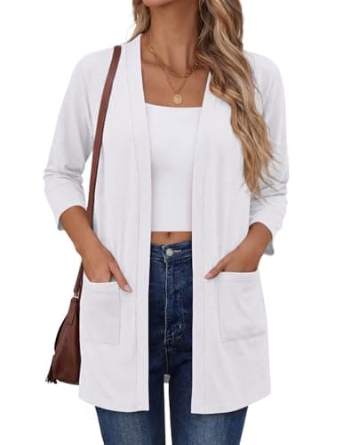 Zeagoo Women's Casual Lightweight Cardigan 3/4 Sleeve Open Front Loose Thin Cardigans with Pockets A-White