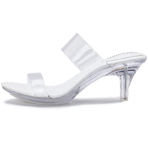 NBUUNBU Clear Heels for Women Silver Black Heels Little Platform Sexy High Heels Sandals Stiletto Kitten Open Toe Dress Shoes Comfortable Double Transparent Strap Heeled Sandals Mule
