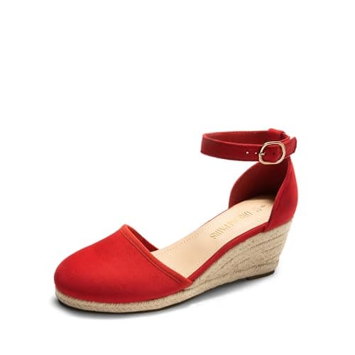 DREAM PAIRS Women's Espadrilles Closed Toe Ankle Strap Dressy Platform Wedge Sandals,Size 5,Red-Suede,AMANDA-2
