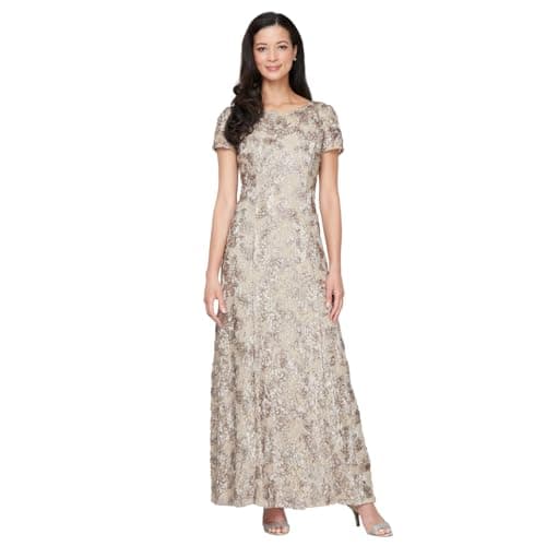 Alex Evenings Women's Long Rosette Mother of The Bride Dress with Short Sleeves, Wedding Guest, Champagne, 16