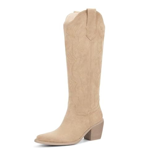 wetkiss Cowboy Boots for Women Knee High, Suede Apricot Brown, Size 8
