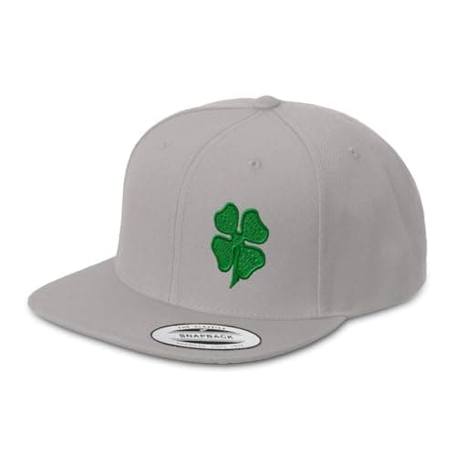 Snapback Hat for Men Flat Bill Left Side Panel Hats Four Leaf Clover Ireland Irish St Patrick's Embroidered Flat Bill Hat Acrylic Silver Design Only