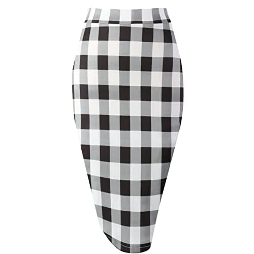Topdress Women's Bodycon Pencil Skirts Basic Elastic High Waisted Stretch Short Skirt Knee Lenght with Slit Midi Black White Plaid X-Small