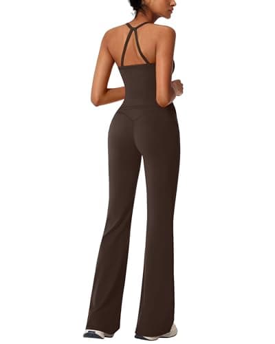 RXRXCOCO Cross Back Workout Sets for Women 2 Piece Padded Tank Tops Flare Leggings Gym Outfits Pilates Outfits with Pockets Brown Medium