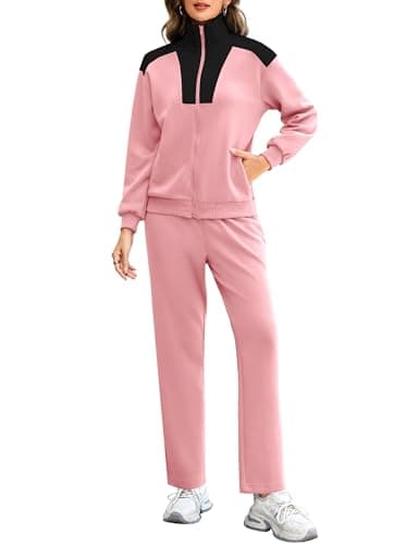 Totatuit Women's Zip Up Tracksuit Set Long Sleeves Sweatsuit Sets Color Block Jogger Set Pink Small