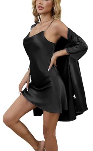 Drtope Sleepwear Women's Satin Nightgown with Robes Set 2 Piece Sexy Lace Cami Nightwear Black