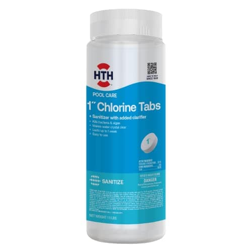 HTH 42049 Pool Care 1" Chlorine Tabs, Swimming Pool Sanitizer with Added Clarifier - Eliminates Bacteria & Algae, Makes Water Clean & Crystal Clear, Sanitizes & Protects - Slow Dissolving, 1.5 lbs