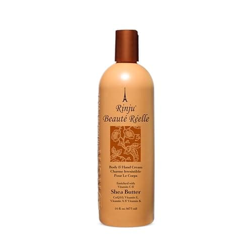 Rinju Beauté Réelle Body & Hand Cream - Non-Greasy Cream for Women & Men - 16 Oz Shea Butter Cream for Extremely Dry Skin - CoQ10, Vitamin E, A & K Moisturizer - Soothes, Caressed and Pampers Skin